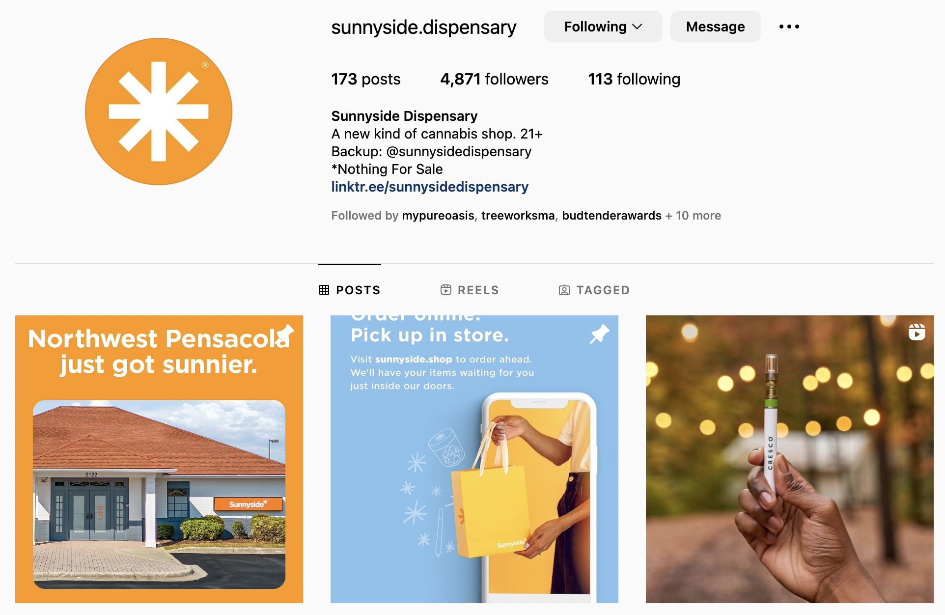 Sunnyside dispensary Instagram profile