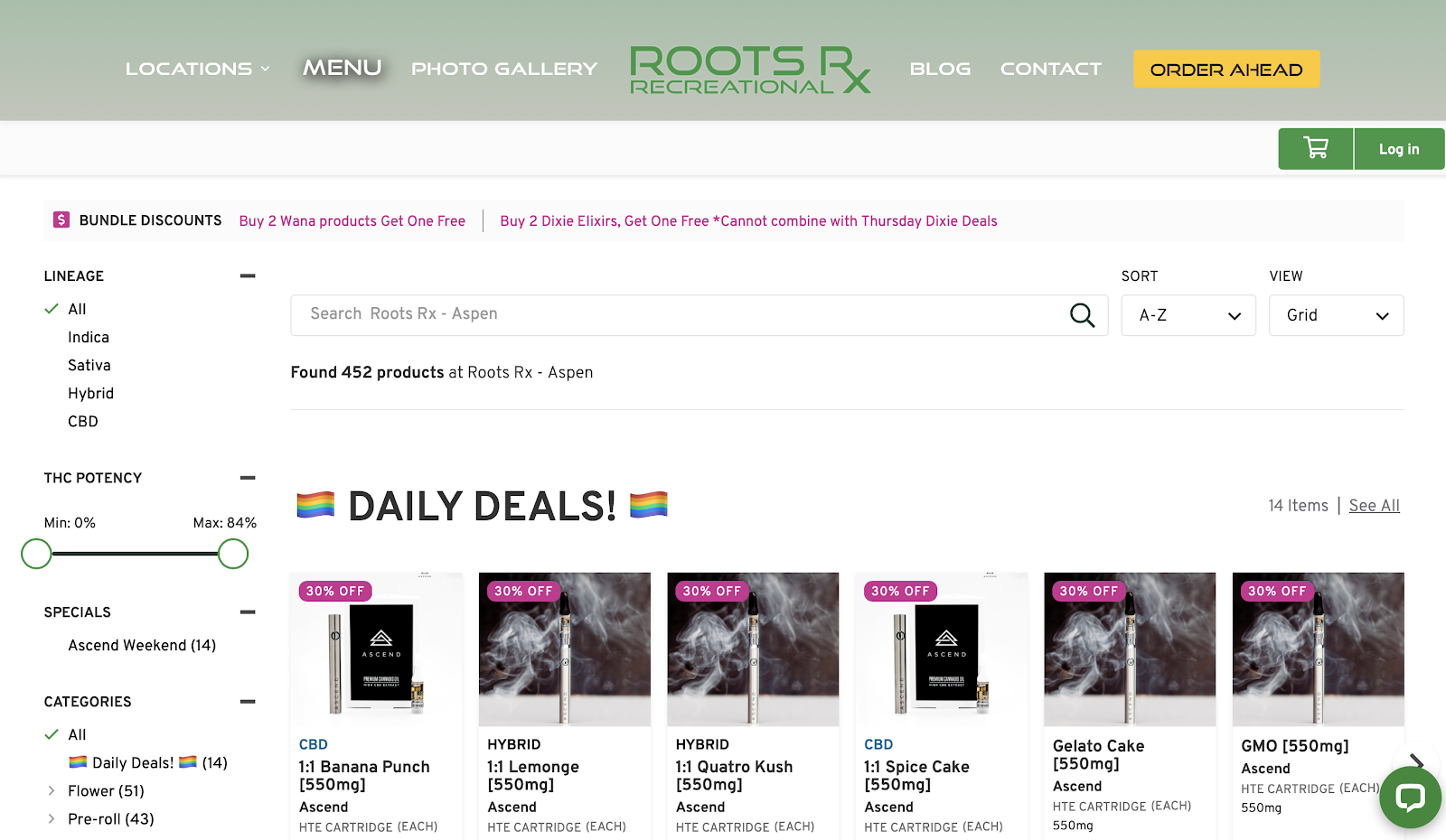 Roots RX online menu
