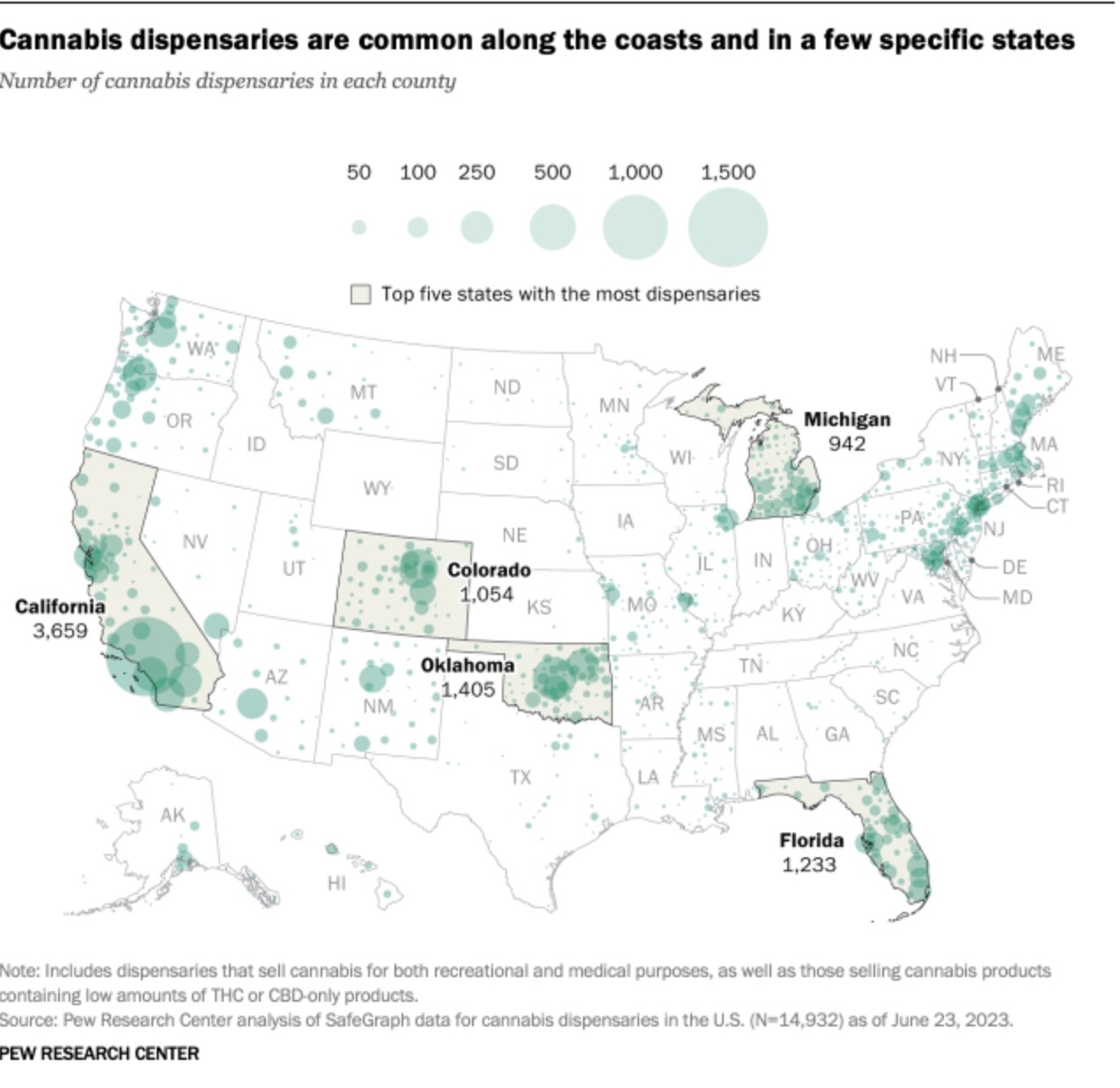 Concentration map of dispensaries by state