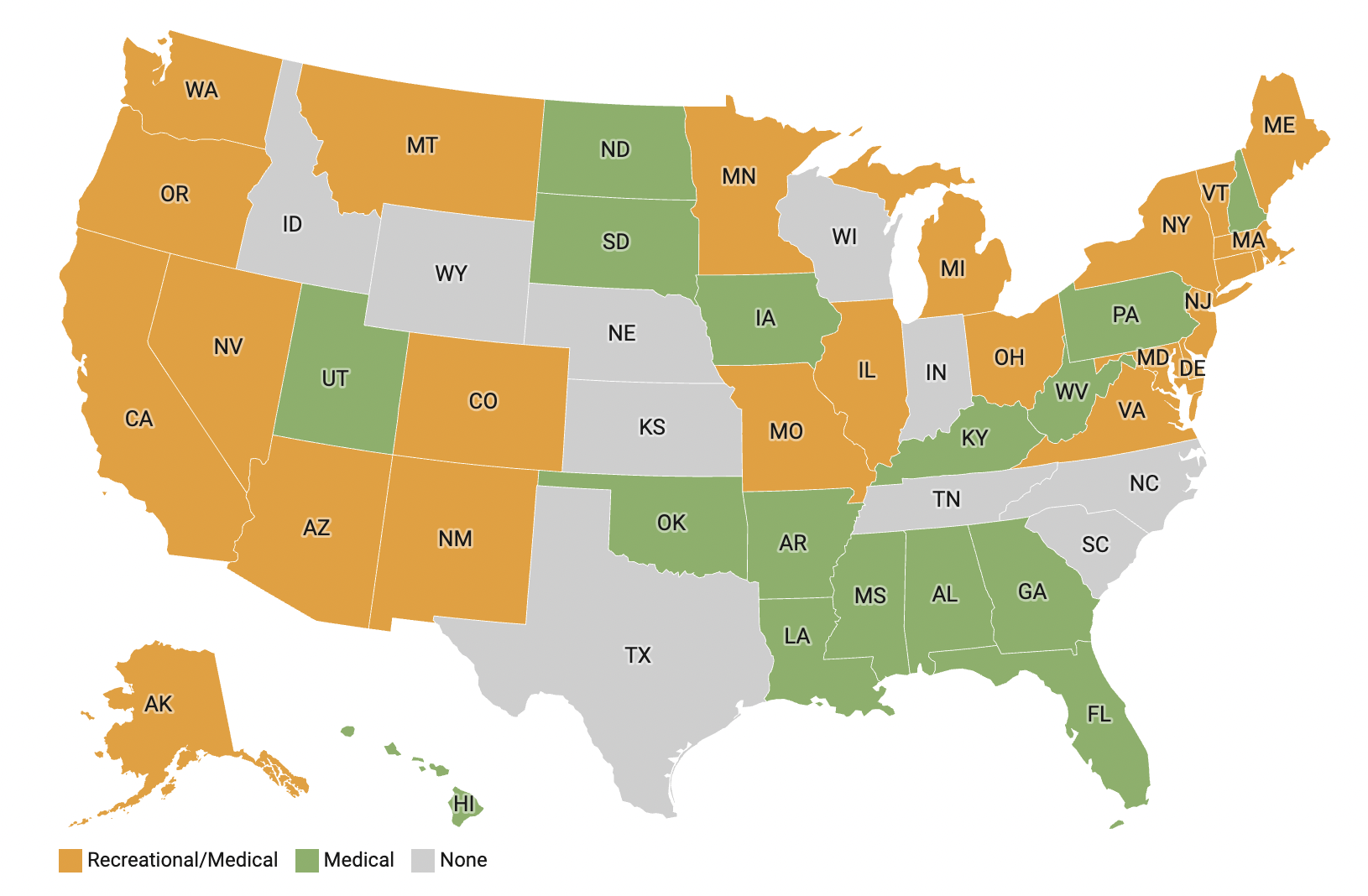 Map of cannabis legalization by US state