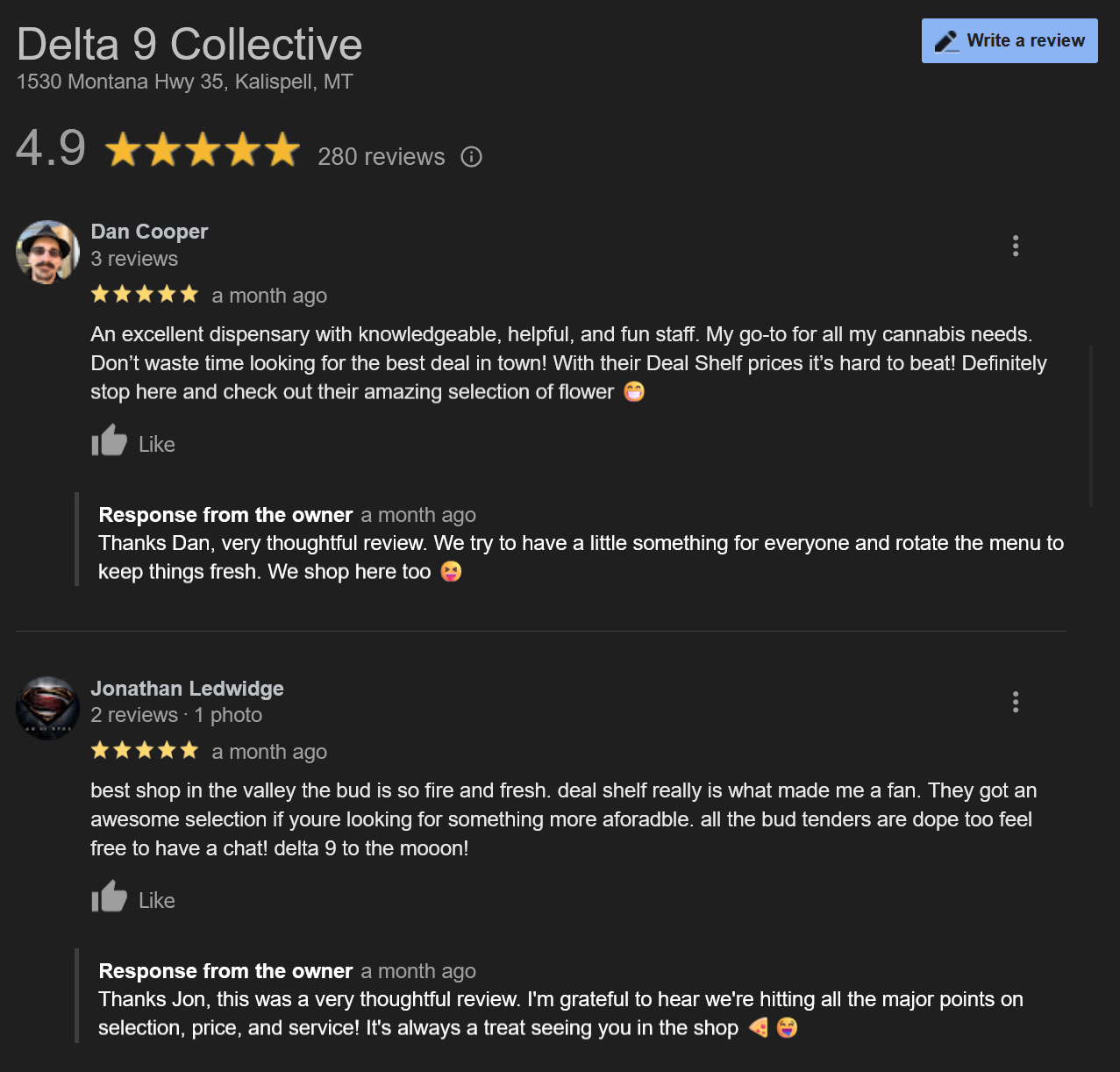 Montana's Delta 9 Collective Google My Business Reviews